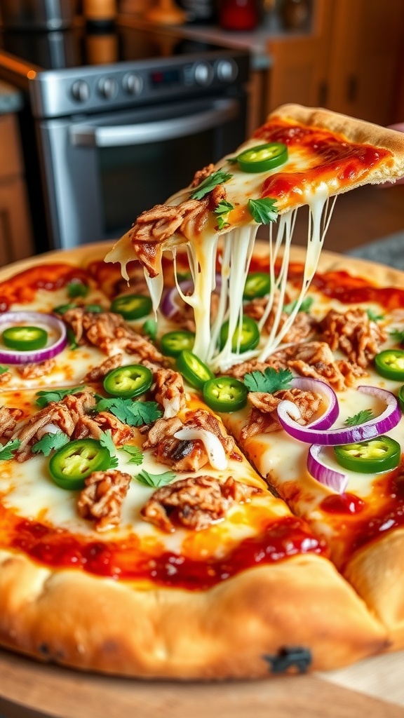 BBQ pulled pork pizza with melted cheese and red onion, garnished with cilantro and jalapeños, on a wooden pizza board.